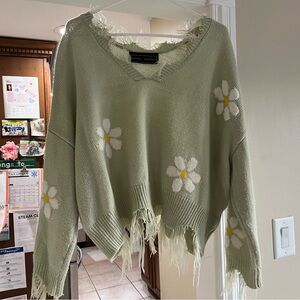 Polly & Esther Sage Green V-Neck Sweater with Floral Design
